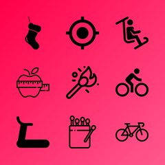 Vector icon set about fitness and sport with 9 icons related to black, wood, audience, overweight, color, green, location, pedal, 2018 and clothes