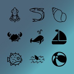 Vector icon set about sea with 9 icons related to illustration, sketch, flora, element, raw, beauty, baby, drawing, horizon and octopus