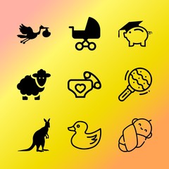 Vector icon set about baby with 9 icons related to grey, indoors, isolated, maternity, yellow, zoo, domestic, character, bacon and blue