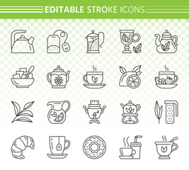 Tea simple black line icons vector set