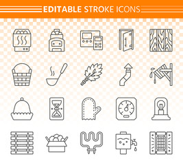 Sauna equipment simple black line icons vector set