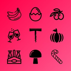 Vector icon set about food with 9 icons related to cabernet, branch, restaurant, winter, wooden, party, broken, portobello, raw and virgin