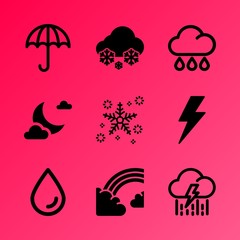 Vector icon set about weather with 9 icons related to ocean, splash, leaf, orange, display, big, closeup, autumn, graphic and rainbow