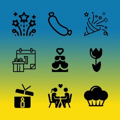 Vector icon set about birthday party with 9 icons related to breakfast, classic, young, xmas, nightclub, dance, snow, typography, cute and present