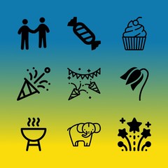 Vector icon set about birthday party with 9 icons related to light, fiesta, adult, carnival, party, outdoor, enjoyment, new, american and snack