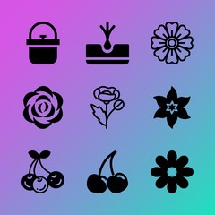 Vector icon set about flowers with 9 icons related to romantic, freshness, sour, sun, succulent, vegetable, petal, graphic, delicious and decor