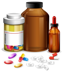 Set of different medical containers and pills