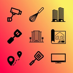 Vector icon set about home with 9 icons related to old, elegance, reservation, electrical, glass, district, object, isolated, chrome and focus