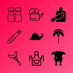 Vector icon set about kitchen with 9 icons related to farm, plastic, slow, spicy, party, organic, roasted, wooden, cutting and food