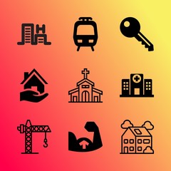 Vector icon set about building with 9 icons related to vintage, bible, pool, cable, loader, city, blurred, hydraulic, airplane and spa