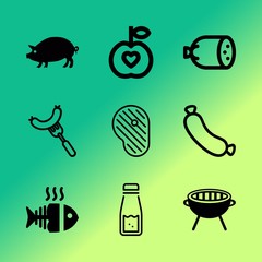 Vector icon set about barbecue with 9 icons related to picnic, outdoors, medium, party, chop, seafood, bean, bratwurst, coffee and coals