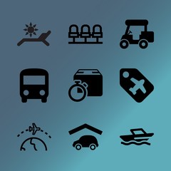 Vector icon set about transport with 9 icons related to europe, rich, sunset, parcel, map, mediterranean, luxury, stack, business and bag