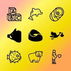 Vector icon set about baby with 9 icons related to elephant, font, fox, carnivore, pee, fur, drawing, dog, sea and alphabetical