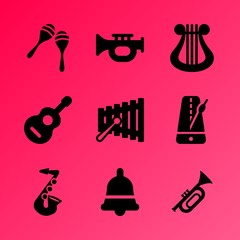 Vector icon set about music instruments with 9 icons related to toy, artistic, black, tone, shape, element, image, sound, saxophone and wood