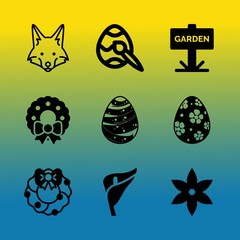 Vector icon set about flowers with 9 icons related to sunny, season, watering, horticulture, activity, festive, drawing, equipment, greeting and orange