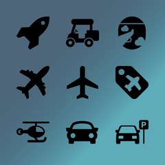 Vector icon set about transport with 9 icons related to destination, dream, society, motorcycle, blades, propeller, freight, banner, circle and bag