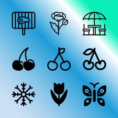 Vector icon set about gardening with 9 icons related to sun, weather, icon, landscape, friends, light, springtime, autumn, wild and bbq