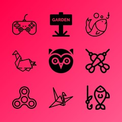 Vector icon set about hobby with 9 icons related to field, spade, ball, work, recreation, rod, kids, space, sky and art