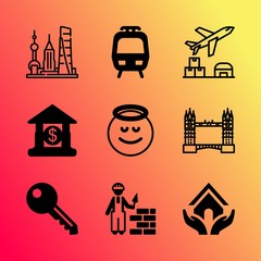 Vector icon set about building with 9 icons related to set, hollywood, male, light, metropolitan, traffic, teamwork, gate, england and pudong