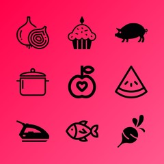 Vector icon set about food with 9 icons related to tasty, saucepan, fire, flavoring, juicy, decoration, group, handle, cream and house