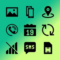 Vector icon set about mobile device with 9 icons related to small, place, science, network, 2 smartphones, lean, interior, off, repeat and position