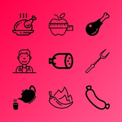 Vector icon set about kitchen with 9 icons related to bowl, meal, woman, cafe, porcelain, delicious, view, macro, agriculture and seasoning