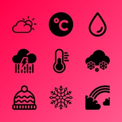 Vector icon set about weather with 9 icons related to woolen, stratosphere, pink, plant, new, flora, heaven, space, leaf and wave
