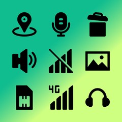 Vector icon set about mobile device with 9 icons related to high, player, talk, dj, website, structure, form, illustration, tag and earflaps