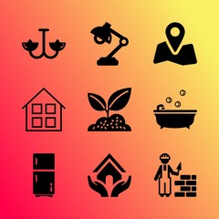 Vector icon set about home with 9 icons related to liquid, domestic, father, estate, green, blur, plank, human, antique and communication