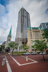 Buildings on Monument Circle in downtown Indianapolis, Indiana.