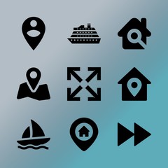 Vector icon set about location with 9 icons related to mortgage, roof, road, floating, graphic, human, ocean, speed, architecture and navigation
