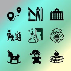Vector icon set about education with 9 icons related to woman, education, instrument, liquid, black, isolated, illustration, room, design and to