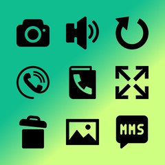 Vector icon set about mobile device with 9 icons related to conversation, disco, interior, notification, hologram, mobile, realistic, round, banner and smart