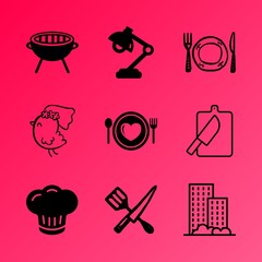 Vector icon set about kitchen with 9 icons related to hot, cutting board, blurred, window, place, braai, charcoal, kebabs, open and pattern