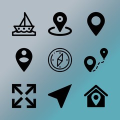 Vector icon set about location with 9 icons related to north, mobile device, wind, template, city, mark, display, internet, person and sail