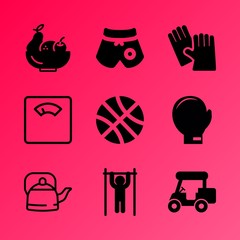 Vector icon set about fitness and sport with 9 icons related to wealth, eating, venue, loss, skin, looking, team, american, adult wellness and resort