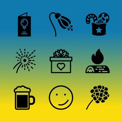 Vector icon set about birthday party with 9 icons related to typography, event, winter, calligraphy, delicious, package, adventure, round, decorative and bouquet