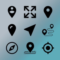 Vector icon set about location with 9 icons related to cartography, object, destination, social, geography, signal, traffic, vintage, label and paper