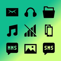 Vector icon set about mobile device with 9 icons related to smart, pattern, address, channel, off, wall, young, head, shape and weak