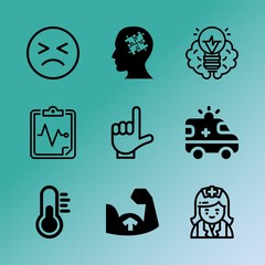 Vector icon set about medicine with 9 icons related to human, data, support, road, van, female, info, sport, graphic and bone