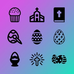 Vector icon set about easter with 9 icons related to snack, sanctuary, closeup, white, mark, symbol, open, traditional, library and muffins