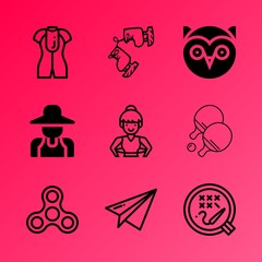 Vector icon set about hobby with 9 icons related to growing, lifestyle, ground, outdoor, pingpong, girl, figure, exercise, tools and banner