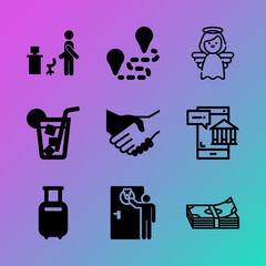 Vector icon set about business with 9 icons related to men, income, classic, street, garnish, worker, la, ordering, asphalt and blue