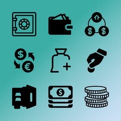 Vector icon set about bank with 9 icons related to text, paper, internet, lettering, set, typography, party, person, dollar and pictogram