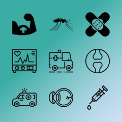 Vector icon set about medicine with 9 icons related to hospital, cosmetic, optometrist, frequency, human bones, shape, cardiac, coat, sucking and hip