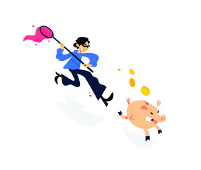 Illustration of a thief running after a piggy bank with a net. Vector illustration. Image is isolated on white background. A cartoon thief is trying to catch a piggy bank. In pursuit of profit. Easy M