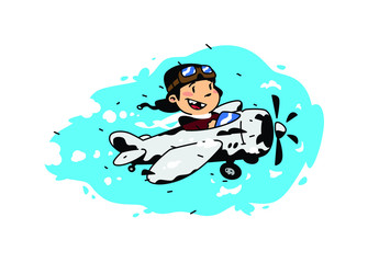 Illustration of a cartoon boy flying in a plane among the clouds. Vector illustration. Image is isolated on white background. Illustration for print and websites. The pilot is the hero of our time.