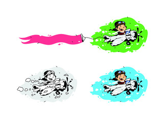 Illustration of a cartoon boy flying in a plane with a ribbon. Vector illustration. Image is isolated on white background. A set of different pictures. Advertising in the air.