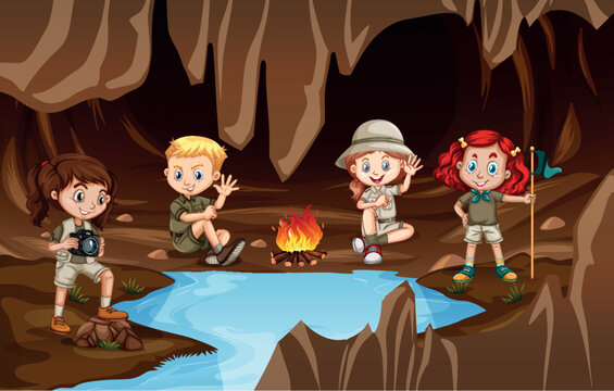 Children having a campire in a cave