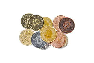 A mix group of physical cryptocurrency, Bitcoin, Ethereum, Litecoin, Dash stack on white background, Isolated with clipping path, Top view